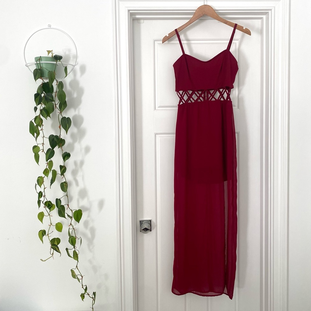 Solemio Red Sheer Maxi Dress with Cut Out